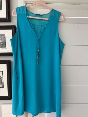 Trina Turk Sleeveless Teal Shift Dress with Detailed Yoke and pockets